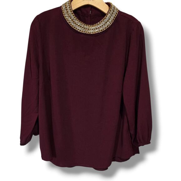 Moa Moa Women’s Burgundy Embellished Neck Blouse – XL, New Without Tags - Picture 1 of 8